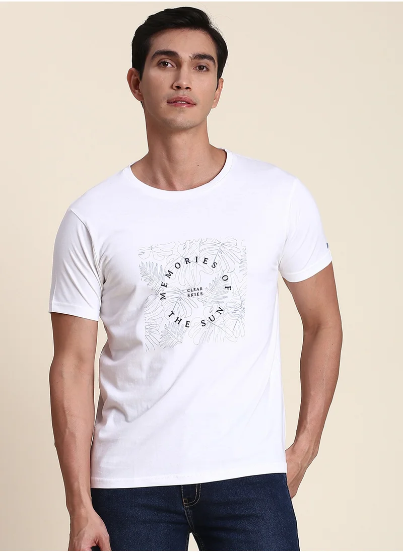Dennis Lingo White Regular Fit Printed Crew Neck T-shirt for Men - 100% Cotton, Half Sleeves, Casual,
