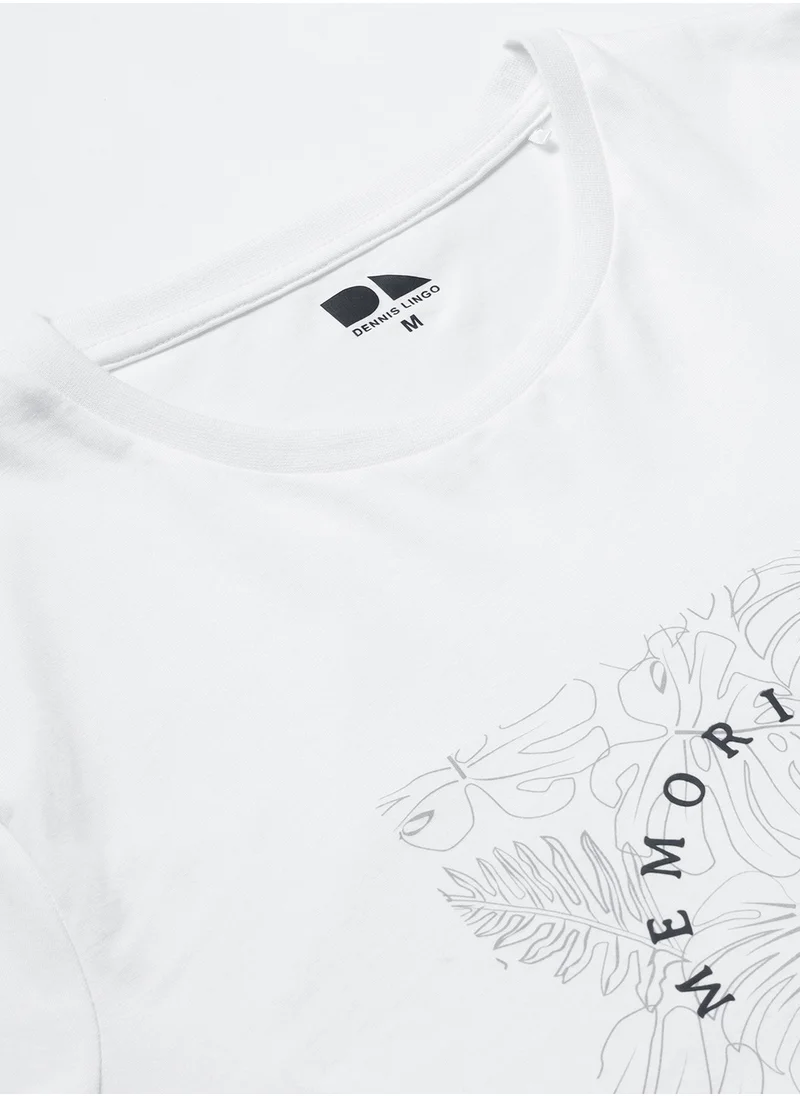 Dennis Lingo White Regular Fit Printed Crew Neck T-shirt for Men - 100% Cotton, Half Sleeves, Casual,