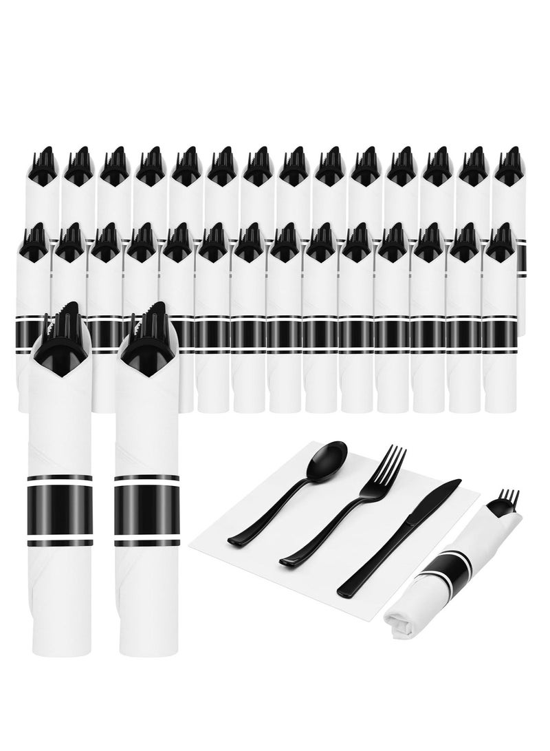 Arabest Pre Rolled Disposable Utensils kit, Black Heavy Duty Cutlery Set Disposable Plastic Flatware, Includ Forks, Knives, Spoons and Napkin - for Parties, Weddings, Dinners & Other Events,30 Pack - Image 1