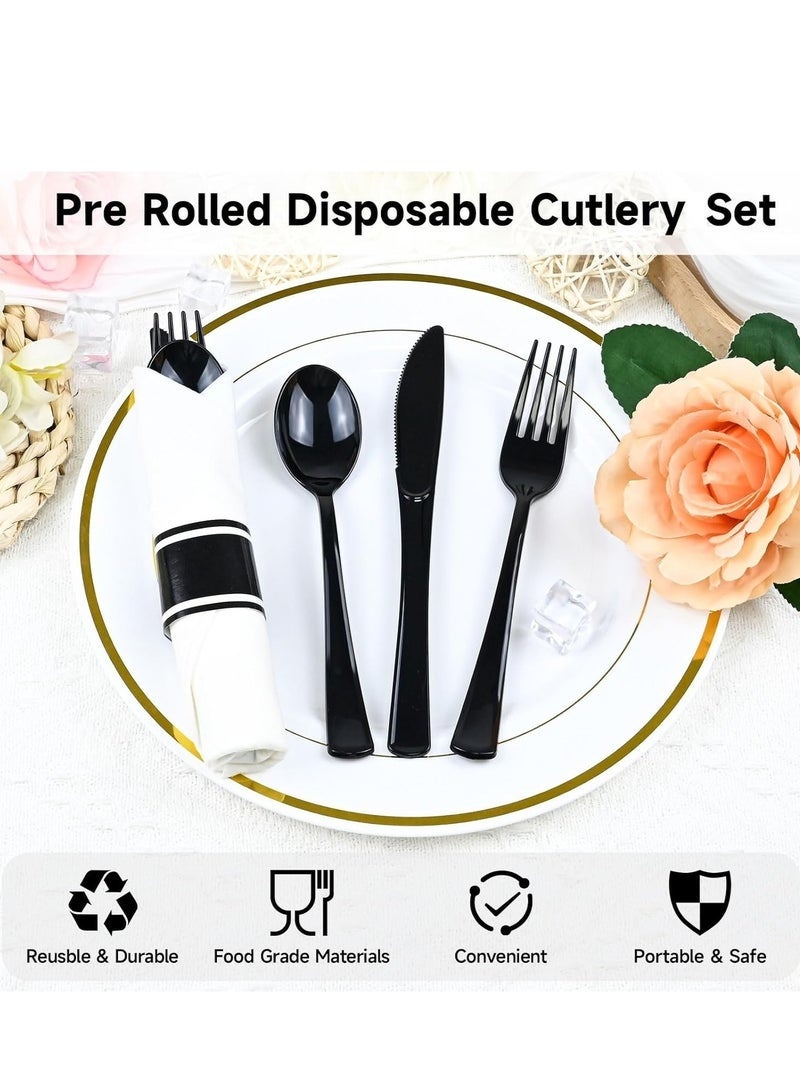 Arabest Pre Rolled Disposable Utensils kit, Black Heavy Duty Cutlery Set Disposable Plastic Flatware, Includ Forks, Knives, Spoons and Napkin - for Parties, Weddings, Dinners & Other Events,30 Pack - Image 3