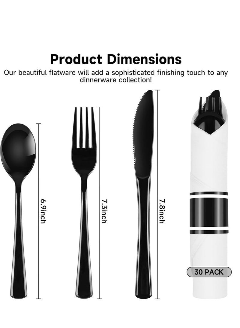 Arabest Pre Rolled Disposable Utensils kit, Black Heavy Duty Cutlery Set Disposable Plastic Flatware, Includ Forks, Knives, Spoons and Napkin - for Parties, Weddings, Dinners & Other Events,30 Pack - Image 2