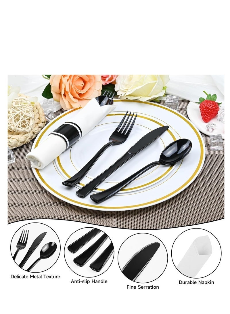 Arabest Pre Rolled Disposable Utensils kit, Black Heavy Duty Cutlery Set Disposable Plastic Flatware, Includ Forks, Knives, Spoons and Napkin - for Parties, Weddings, Dinners & Other Events,30 Pack - Image 5