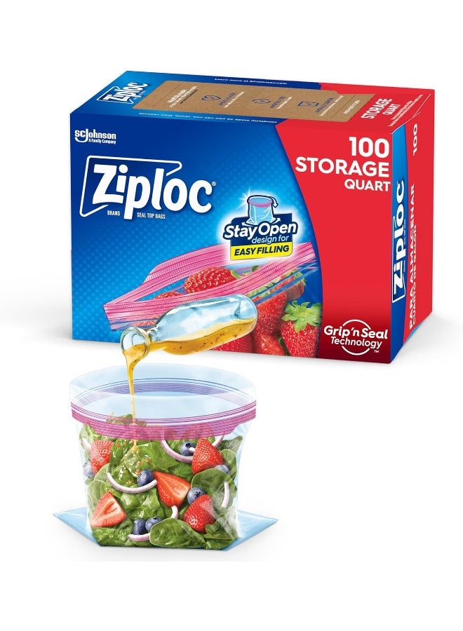 Ziploc أكياس تخزين الطعام زيبلوك ربع، تقنية Grip 'n Seal لسهولة الإمساك، الفتح، والإغلاق، 100 قطعة - Image 1