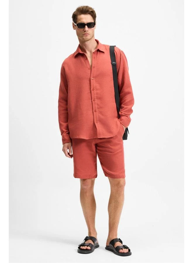 GRIMELANGE Jens Men's 100% Cotton Muslin Fabric Side‑Pocket Slim Fit Tapered Brick‑Color Shorts.