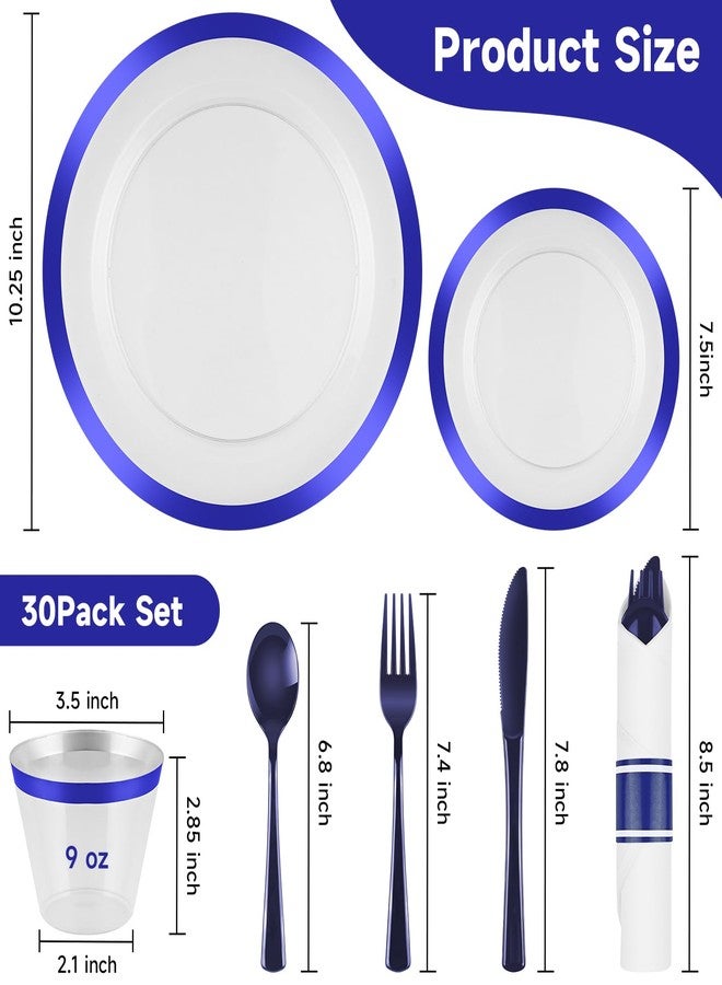 pyntop 210 Pcs Blue Plastic Dinnerware Set for 30 Guests - Includes 30set of Dinner Plates, Dessert Plates, Clear Plastic Cups, and Blue Pre-Rolled Napkins with Cutlery Set, Disposable Party Supplies - Image 2