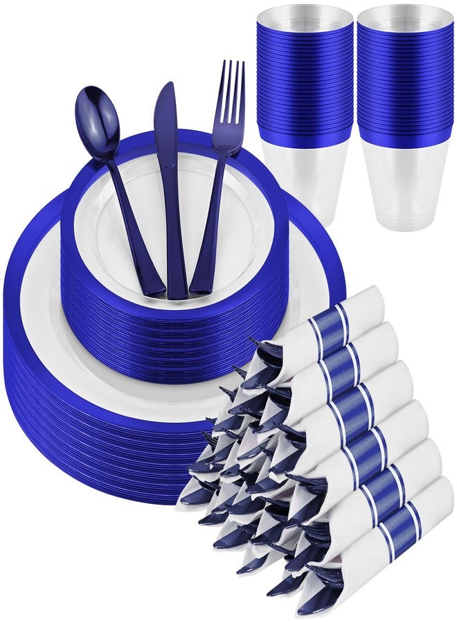 pyntop 210 Pcs Blue Plastic Dinnerware Set for 30 Guests - Includes 30set of Dinner Plates, Dessert Plates, Clear Plastic Cups, and Blue Pre-Rolled Napkins with Cutlery Set, Disposable Party Supplies - Image 1