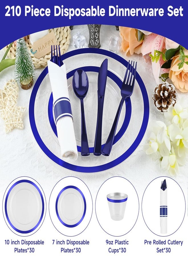 pyntop 210 Pcs Blue Plastic Dinnerware Set for 30 Guests - Includes 30set of Dinner Plates, Dessert Plates, Clear Plastic Cups, and Blue Pre-Rolled Napkins with Cutlery Set, Disposable Party Supplies - Image 3