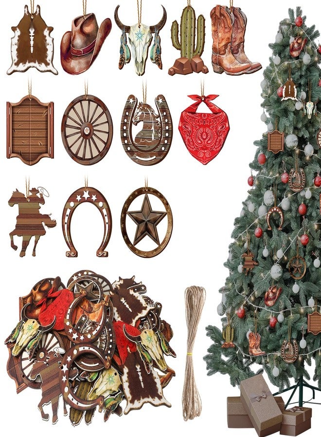 Vercraft 36 Pcs Western Cowboy Ornaments for Christmas Tree Hanging Double-Sided Printing Wooden Xmas Decor Cowboy Hat Cactus Horseshoe Boots Ornaments for West Theme Decorations - Image 1