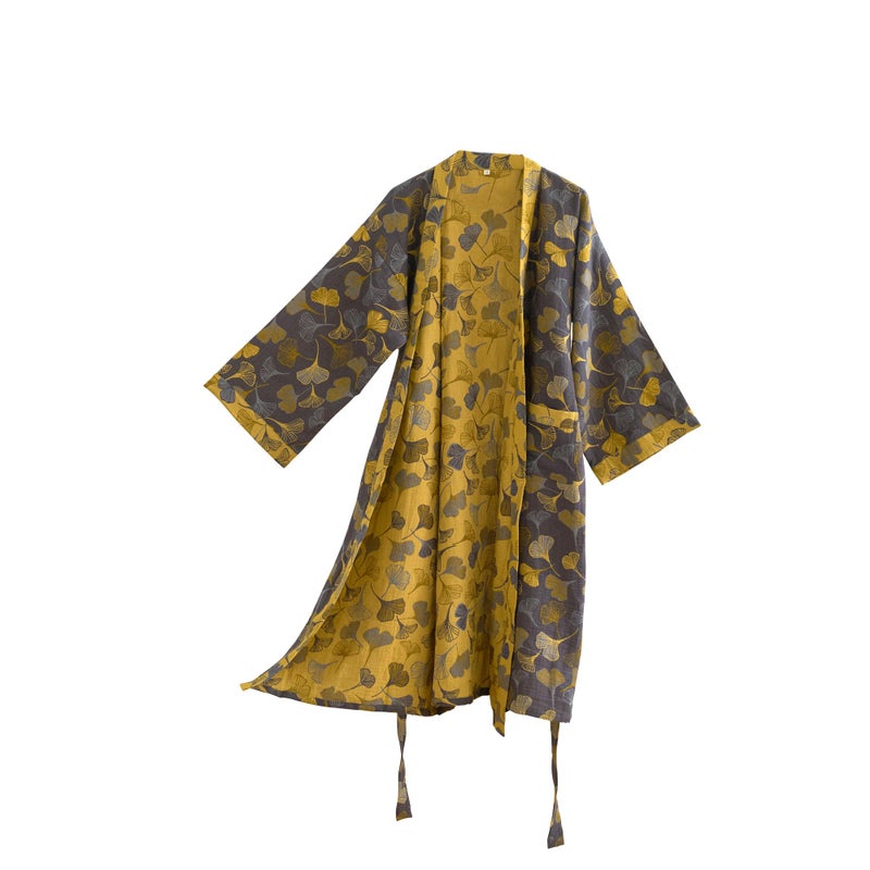 Purefair 100% Cotton Gauze Ginkgo Leaf Kimono Robe, Long Knit Loose Bathrobe Nightgown Ladies Loungewear Sleepwear for Women - Image 1