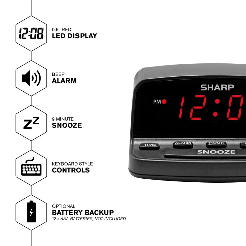 Sharp Digital Alarm Clock with Keyboard Style Controls, Battery Back-up, Easy to Use with Simple Operation, Black Case with Red LED Display - Image 3