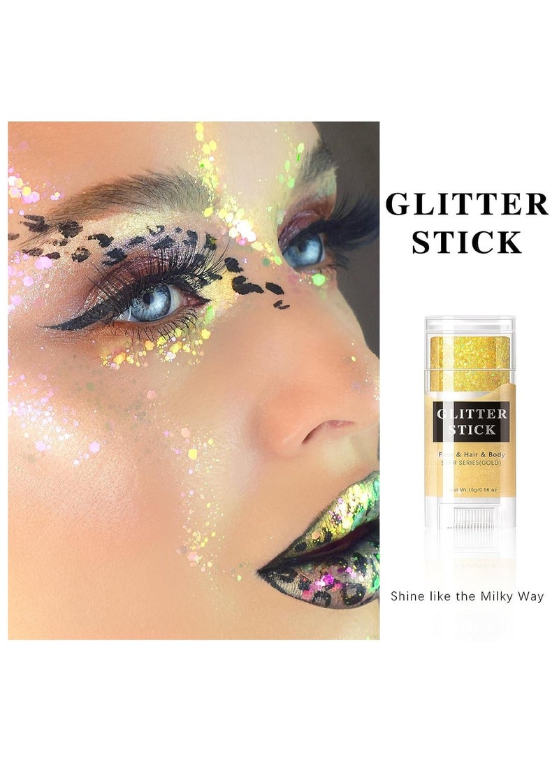 Gold Body Glitter Stick, Mermaid Sequins Face Glitter Gel, Holographic Chunky Glitter Face Paint for Singer Concerts Music Festival Rave Hair Accessories Sparkling Glitter Makeup for Women - Image 2