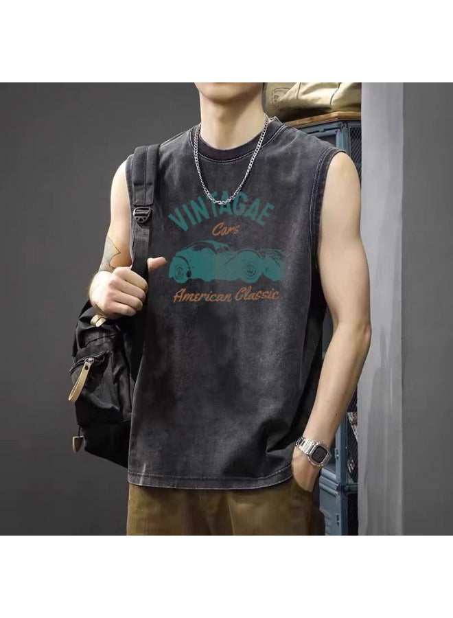 Summer New American Vintage Washed Distressed Sleeveless T-shirt Men's Loose Oversized Vest Streetwear Brand Vest T-shirt