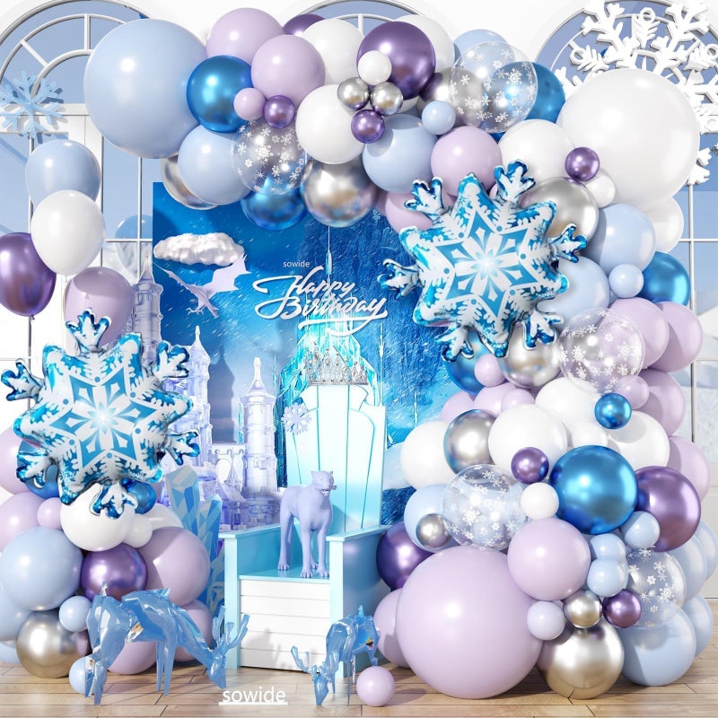 Sowide طقم قوس بالونات عيد الميلاد المجمد باللونين الأرجواني والازرق والفضي مع بالونات على شكل ثلج لحفلات عيد الميلاد الشتوية وحفلات استحمام الأطفال وزينة حفلات الشتاء - Image 2