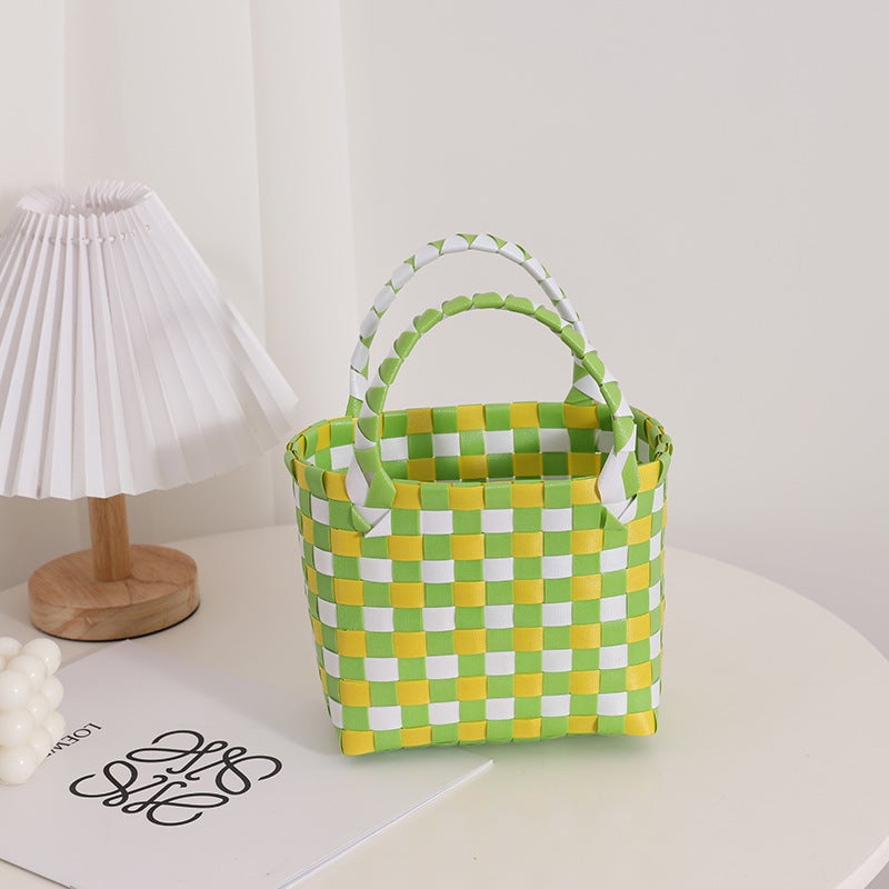 Gradient Pink Small Square Woven Bag New Cute Handheld Straw Woven Bag All-Match Contrast Square Holiday Beach Bag - Image 5