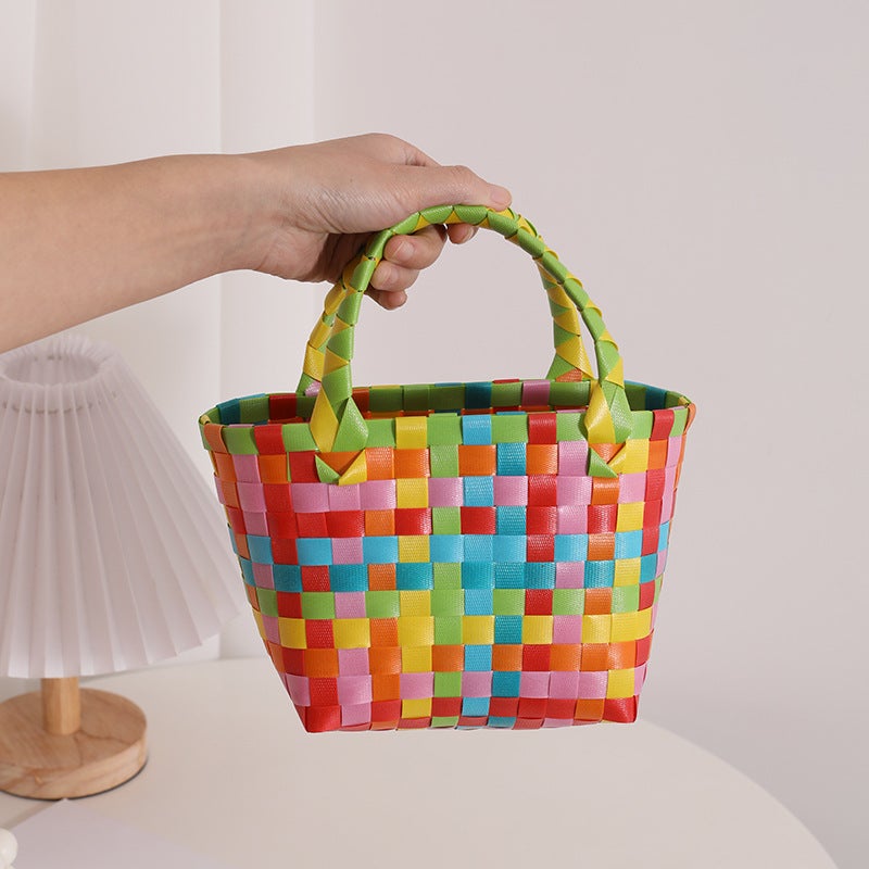 Gradient Pink Small Square Woven Bag New Cute Handheld Straw Woven Bag All-Match Contrast Square Holiday Beach Bag - Image 2