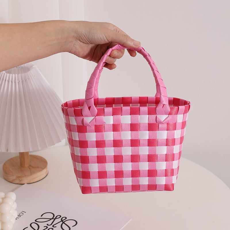 Gradient Pink Small Square Woven Bag New Cute Handheld Straw Woven Bag All-Match Contrast Square Holiday Beach Bag - Image 3
