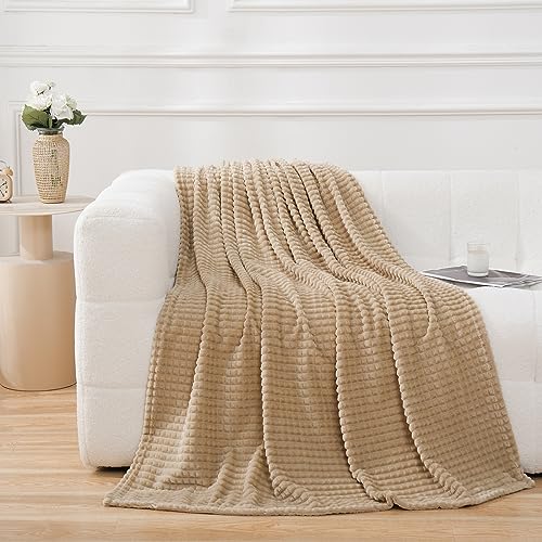 Puncuntex Flannel Fleece Beige Throw Blanket 50"×60",Super Soft Plush Cozy Blanket with 3D Jacquard Square Grid Design Luxury for Couch Sofa Chair,Khaki - Image 1