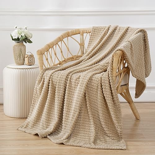 Puncuntex Flannel Fleece Beige Throw Blanket 50"×60",Super Soft Plush Cozy Blanket with 3D Jacquard Square Grid Design Luxury for Couch Sofa Chair,Khaki - Image 3