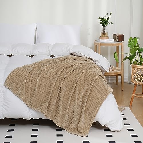 Puncuntex Flannel Fleece Beige Throw Blanket 50"×60",Super Soft Plush Cozy Blanket with 3D Jacquard Square Grid Design Luxury for Couch Sofa Chair,Khaki - Image 4