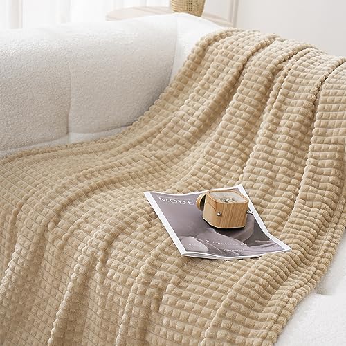 Puncuntex Flannel Fleece Beige Throw Blanket 50"×60",Super Soft Plush Cozy Blanket with 3D Jacquard Square Grid Design Luxury for Couch Sofa Chair,Khaki - Image 2
