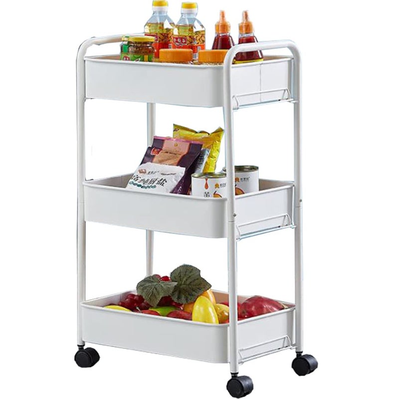 Sagrach 3 Tier Metal Rolling Cart Organizer with Wheels Rolling Cart Storage Shelves with 4 Side Hooks Cover Board Casters for Office Home Bedroom Kitchen Organization 1PcWhite Color - Image 1