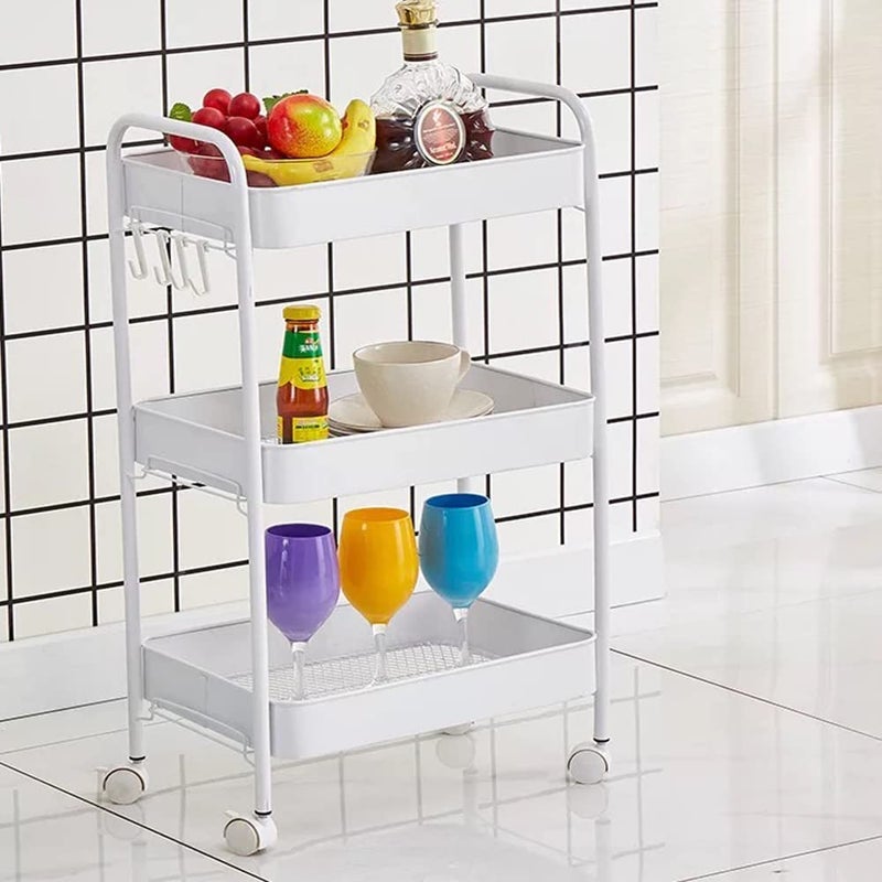 Sagrach 3 Tier Metal Rolling Cart Organizer with Wheels Rolling Cart Storage Shelves with 4 Side Hooks Cover Board Casters for Office Home Bedroom Kitchen Organization 1PcWhite Color - Image 2