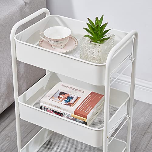 Sagrach 3 Tier Metal Rolling Cart Organizer with Wheels Rolling Cart Storage Shelves with 4 Side Hooks Cover Board Casters for Office Home Bedroom Kitchen Organization 1PcWhite Color - Image 5
