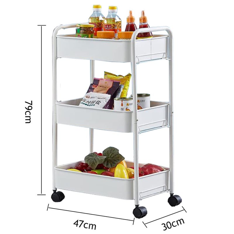 Sagrach 3 Tier Metal Rolling Cart Organizer with Wheels Rolling Cart Storage Shelves with 4 Side Hooks Cover Board Casters for Office Home Bedroom Kitchen Organization 1PcWhite Color - Image 3