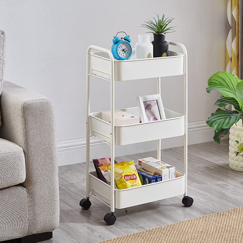 Sagrach 3 Tier Metal Rolling Cart Organizer with Wheels Rolling Cart Storage Shelves with 4 Side Hooks Cover Board Casters for Office Home Bedroom Kitchen Organization 1PcWhite Color - Image 4