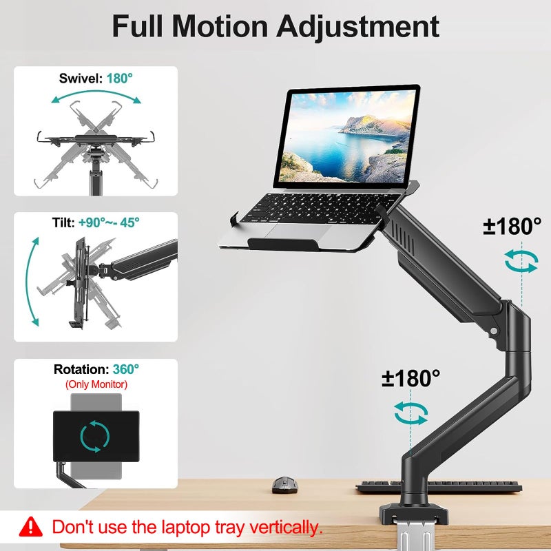 MOUNT PRO Laptop Arm Mount for Desk, 2 in 1 Function Monitor Laptop Stand, Fits Max 17" Notebook and 32" Computer Screen, Aluminum Single Monitor Holder with Adjustable Tray, Holds up to 22lbs - Image 3