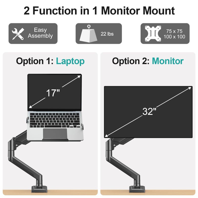 MOUNT PRO Laptop Arm Mount for Desk, 2 in 1 Function Monitor Laptop Stand, Fits Max 17" Notebook and 32" Computer Screen, Aluminum Single Monitor Holder with Adjustable Tray, Holds up to 22lbs - Image 2