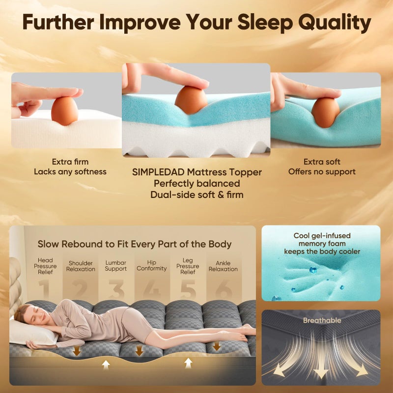 Simpledad Full Size Mattress Topper, 4.5 Inch Memory Foam Mattress Topper for Back Pain, 2.5" Cooling Memory Foam Soft and Supportive + 2" Pillow Top Mattress Pad Cover, with 8-21" Deep Pocket, Dark Gray - Image 4
