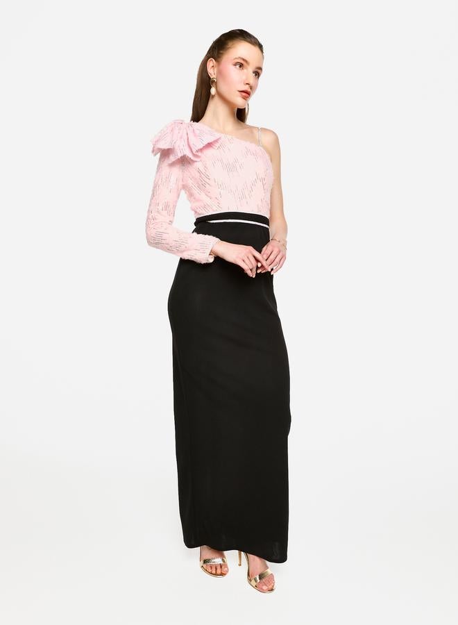 House of Moda Embellished One Shoulder Bow Detail Two Tone Maxi Dress - Image 4