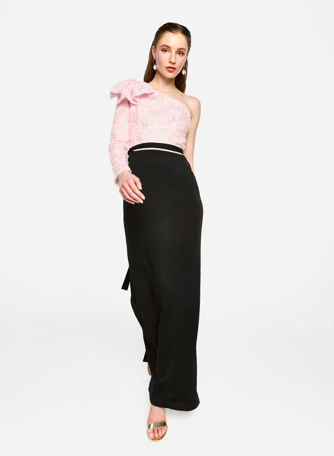 House of Moda House of Moda Embellished One Shoulder Bow Detail Two Tone Maxi Dress