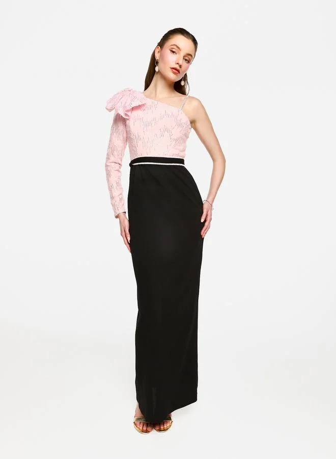 House of Moda House of Moda Embellished One Shoulder Bow Detail Two Tone Maxi Dress
