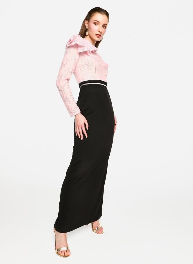 House of Moda Embellished One Shoulder Bow Detail Two Tone Maxi Dress - Image 3