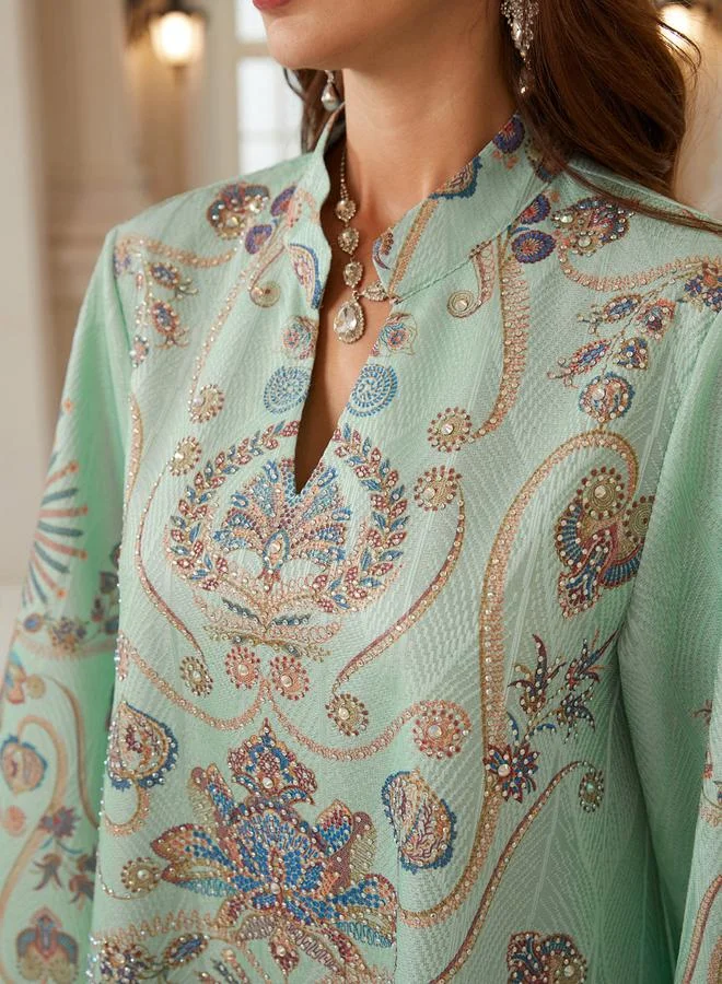 تايك تو جلابية بياقة ونسيج بارز وطبعة زهور