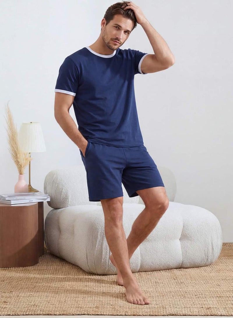 trendyol Indigo Regular Fit Collar and Sleeve Contrast Detailed Cotton Pajama Set Tmnss26Pt00016 - Image 1