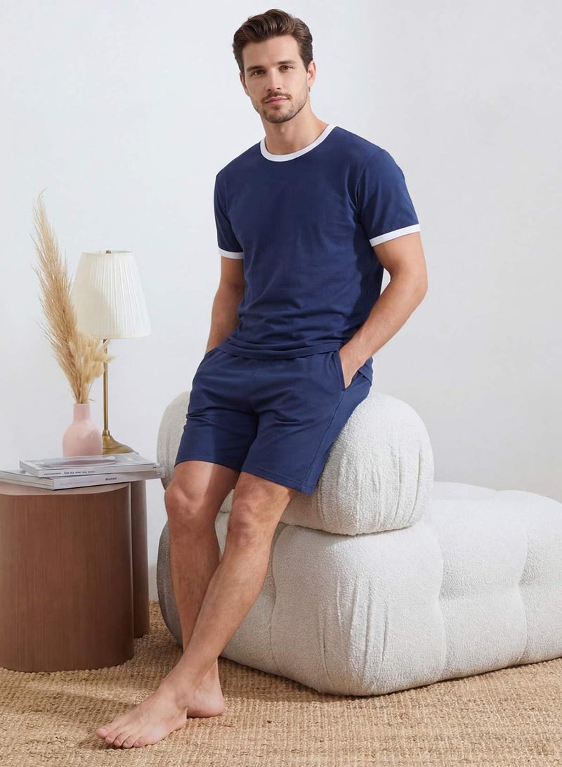 trendyol Indigo Regular Fit Collar and Sleeve Contrast Detailed Cotton Pajama Set Tmnss26Pt00016 - Image 2
