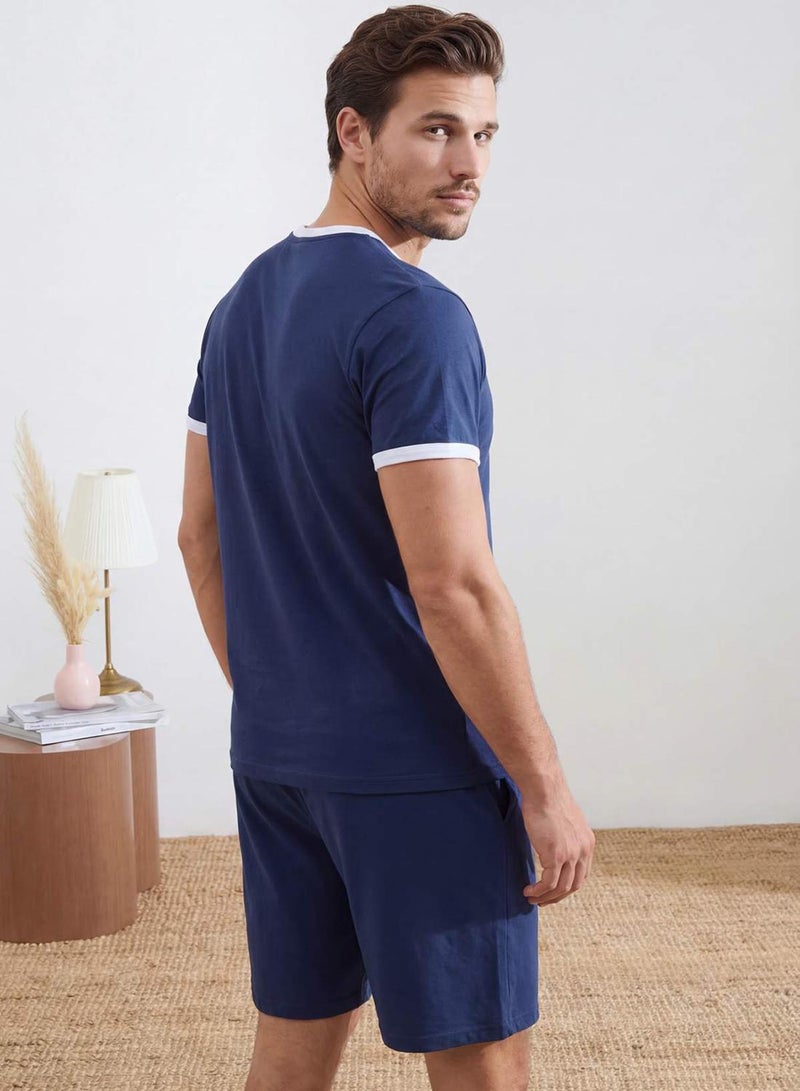 trendyol Indigo Regular Fit Collar and Sleeve Contrast Detailed Cotton Pajama Set Tmnss26Pt00016 - Image 3