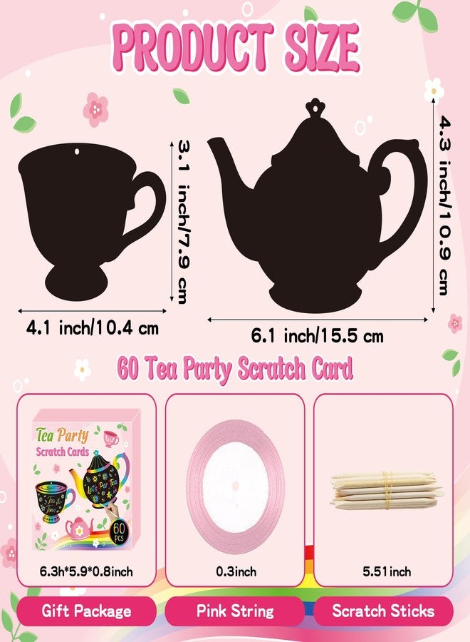 CY2SIDE Tea Party Scratch Cards - 60PCS DIY Floral Tea Cup and Teapot Scratch Paper Art for Kids School Activity, Let’s PARTEA Magic Art Rainbow Color Craft Ornament for Baby Shower Wedding Decoration - Image 2