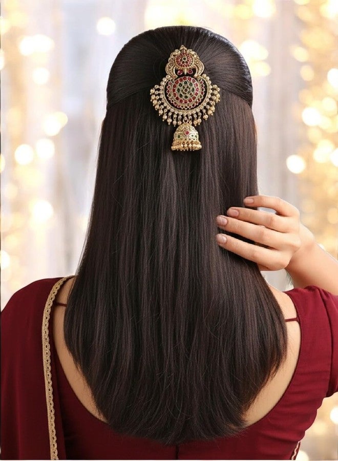 fabula Jewellery Gold Ethnic Hair Bun Pin Juda Pin - Kempu Stones - Peacock Design - for Women & Girls Stylish Latest- For Women & Girls Stylish Latest_TOH236_Z2 - Image 3