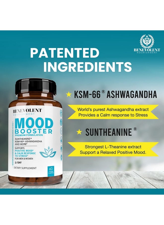 BENEVOLENT NOURISHMENT - Calm Mood Booster Supplement - Natural Happy Pills for Stress, Sleep & Mood Support - Patented KSM-66® Ashwagandha & Suntheanine® L-Theanine, Rhodiola Rosea, Magnesium - 60 Count - Image 1