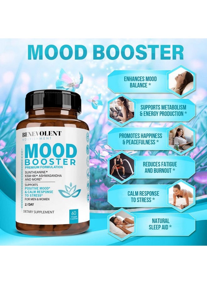 BENEVOLENT NOURISHMENT - Calm Mood Booster Supplement - Natural Happy Pills for Stress, Sleep & Mood Support - Patented KSM-66® Ashwagandha & Suntheanine® L-Theanine, Rhodiola Rosea, Magnesium - 60 Count - Image 1