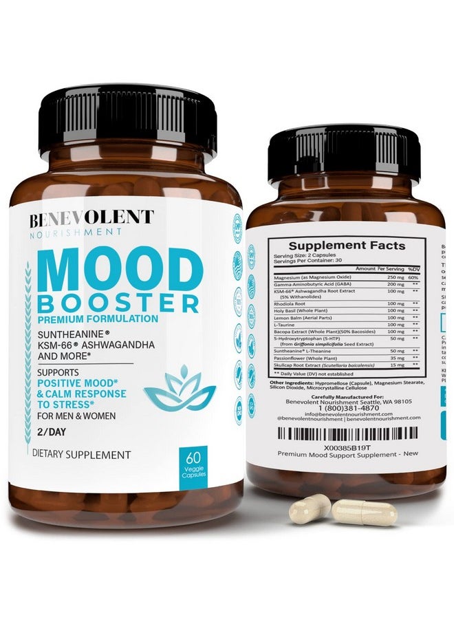 BENEVOLENT NOURISHMENT - Calm Mood Booster Supplement - Natural Happy Pills for Stress, Sleep & Mood Support - Patented KSM-66® Ashwagandha & Suntheanine® L-Theanine, Rhodiola Rosea, Magnesium - 60 Count - Image 1