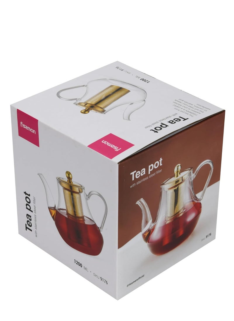 Fissman Glass Tea Pot with Stainless Steel Filter 1200mL, Borosilicate Glass Tea Pot Infuser, Great For Loose Leaf Tea, Blooming Tea, Tea Bags & Fruit Infused Water  - Image 5