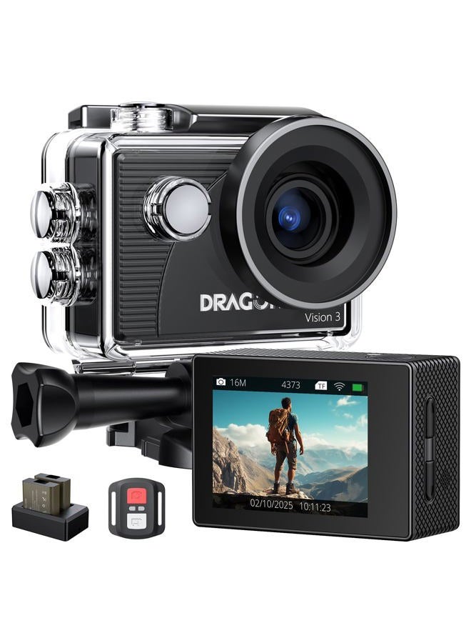 Dragon Touch 4K Action Camera 20MP Vision 3 Underwater Waterproof Camera 170° Wide Angle WiFi Sports Cam with Remote 2 Batteries and Mounting Accessories Kit - Image 1