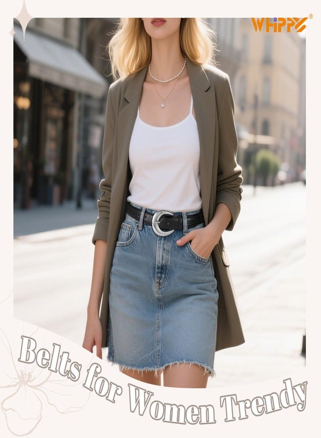 WHIPPY Women Leather Belts for Jeans Pants Dress Fashion Ladies Skinny Leather Belt with Silver Buckle, Black Silver Buckle, M - Image 2