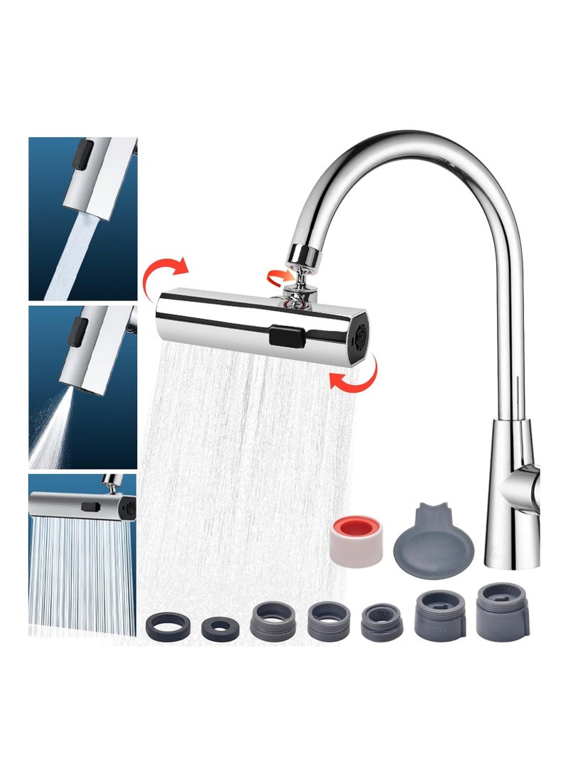 NIBEMINENT 360° Waterfall Kitchen Faucet, Washbasin Faucet Waterfall, Universal Splash Filter Faucet with 3 Water Outlet Modes, Faucet Extender for Kitchen Bathroom (Silver)  - Image 1