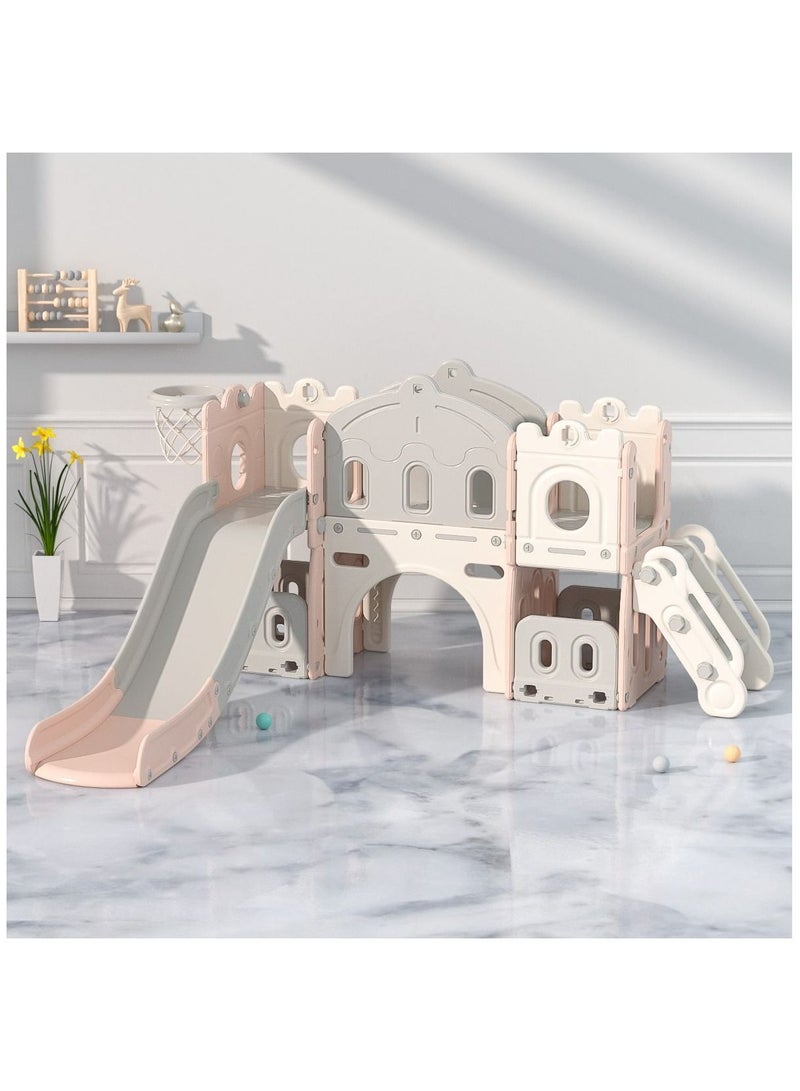 RBWTOYS Kids Play House Baby Playroom Playground Equipment Plastic Slides with Basketball hoop for Children Sliding Toys, Kid Playing House with Climbing Frame, Bridge, Slide and Basketball hoop - Image 2